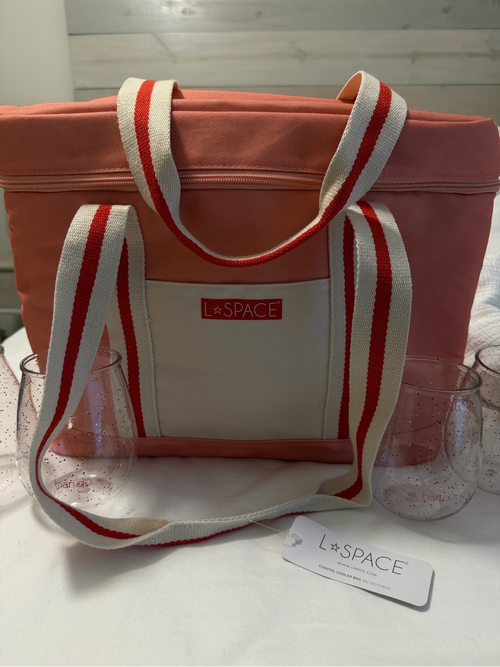 L*SPACE Coral and Cream Canvas Tote with Red-Striped Handles